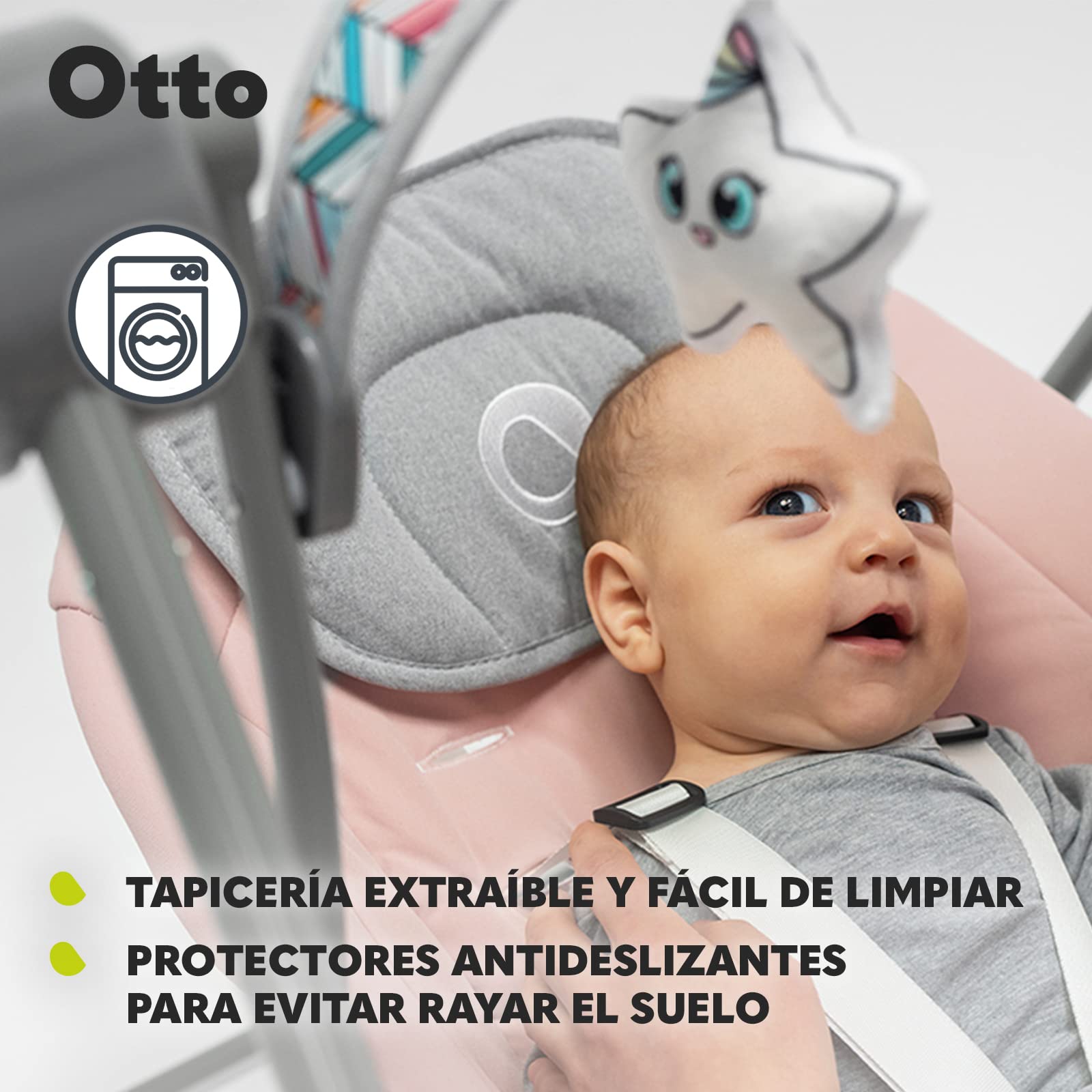 LIONELO Otto Columpio portátil para bebés hasta 9 kg, 5 velocidades de balanceo, Sistema de Cinturones de Seguridad, Fácil Montaje, Arco de Juguetes interactivos Ajustable Gris (Gris)