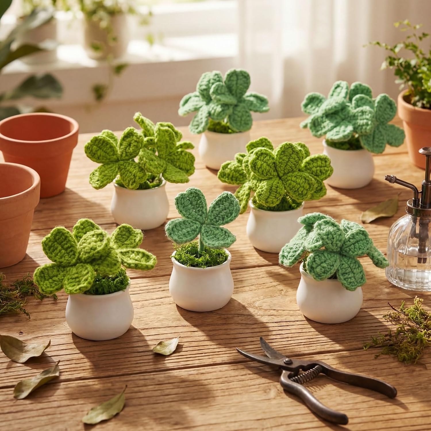 Suncalla 10 Pcs Thank You Gifts Crochet Shamrocks Pot Bulk Teacher Appreciation Gifts Handmade Mini Shamrocks Potted Knitted Plant Bouquet Crochet Clover for Women Teacher Wedding Home Table Decor