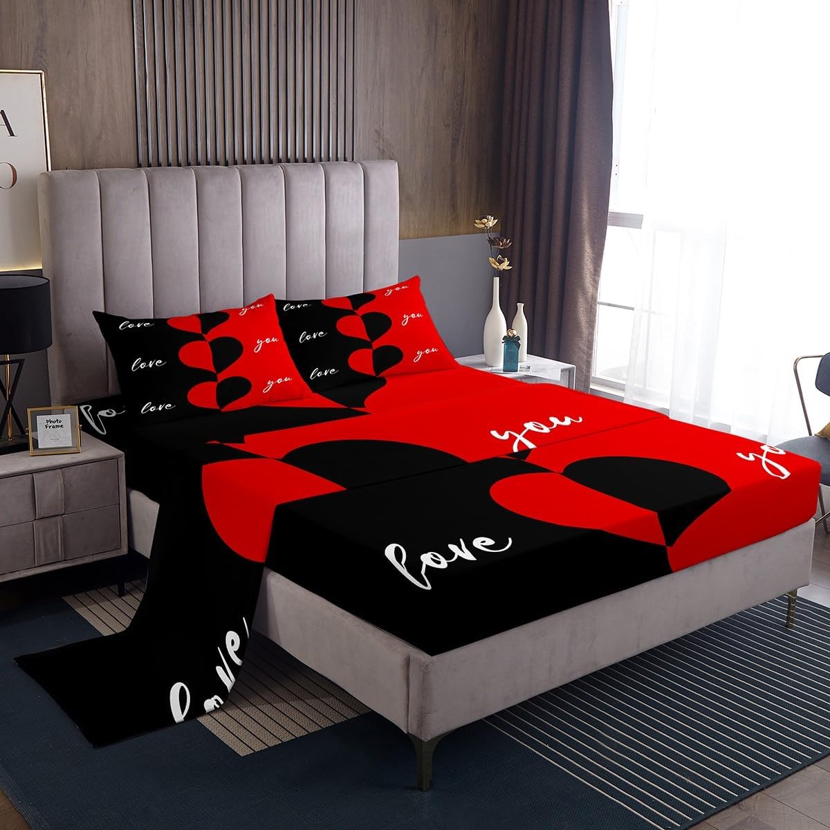 Erosebridal Red and Black Bed Sheets King Size Romantic Valentine's Day Love Heart Sheet Set for Women Men Couple Wedding Gift His and Hers Fitted Sheet Love Top Sheet Boys Girls Bedroom Decor