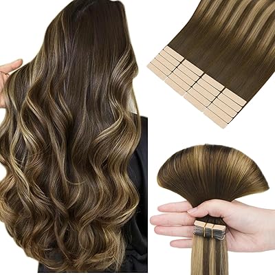 hotbanana Tape in Extensions Echthaar, 40cm Tape Extensions Echthaar 16 Zoll 20 Stück 50g Balayage Schokoladenbraun bis Karamellblond Echthaar Extensions Tape Gerade Remy Echthaar Tape Extensions