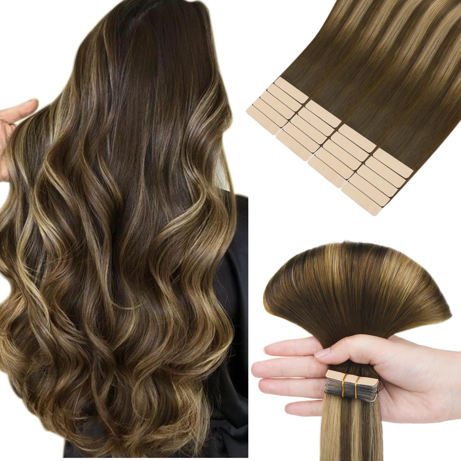 HOTBANANA Extension Capelli Veri Biadesivo, Balayage Marrone Cioccolato a Biondo Caramello Extension Biadesive Capelli Veri Lisci 35cm 20pcs Remy Tape in Hair Extensions 50g