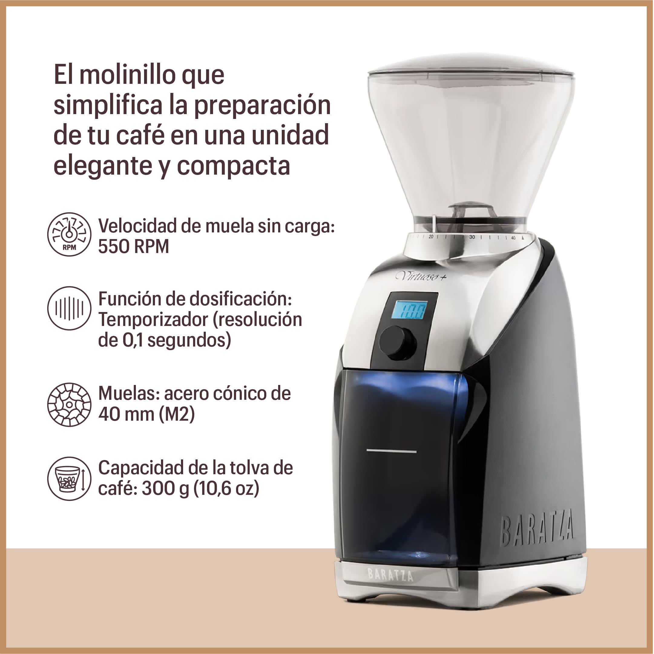 Baratza Virtuoso+ Molinillo Eléctrico de Café en Grano, Negro | Coffee Grinder con Temporizador