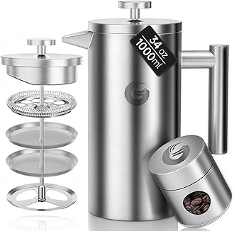 – Coffee Gator Cafetiere French Press plus Mini Jar Canister, Double Walled Insulated Coffee Press with Stainless Steel Filter, Hot Cold Brew Tea Maker, 1 Liter (4-8 Cups)