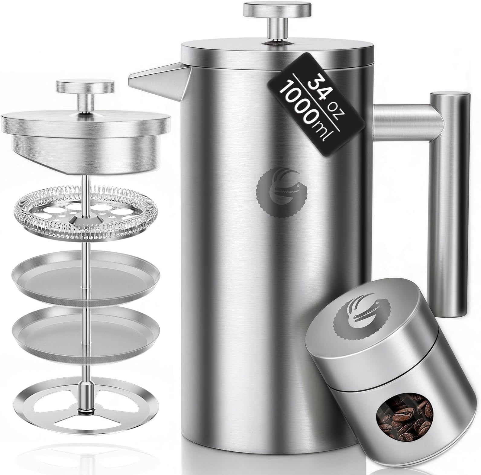 Coffee Gator Cafetiere French Press plus Mini Jar Canister, Double Walled Insulated Coffee Press with Stainless Steel Filter, Hot Cold Brew Tea Maker, 1 Liter (4-8 Cups)
