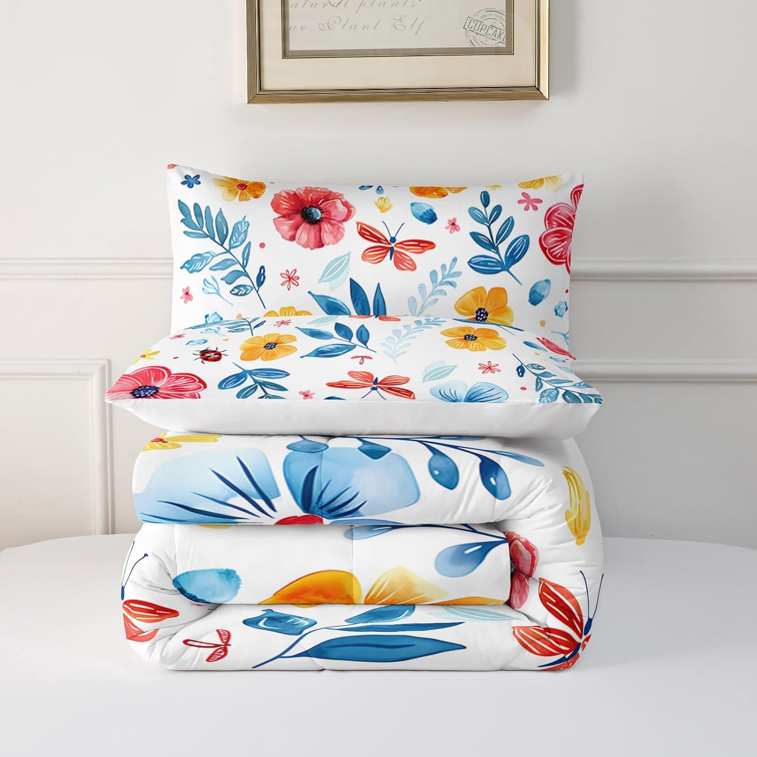 3 Pieces Floral Comforter Set Queen Size Botanical Flowers Leaves Bedding Comforter Sets, Colorful Flower All Season Lightweight Soft Microfiber Bedding with 2 Pillow Shams.