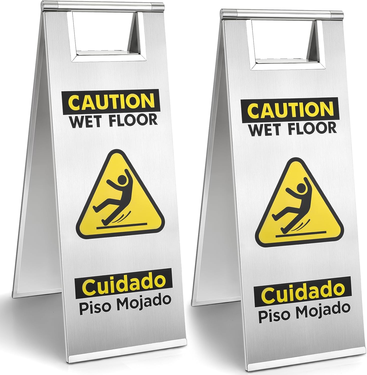 2 packs wet floor sign stainless steel for business, commercial caution wet floor sign double sided & bilingual, size 24'' * 9''?silver stainless steel-2 pack