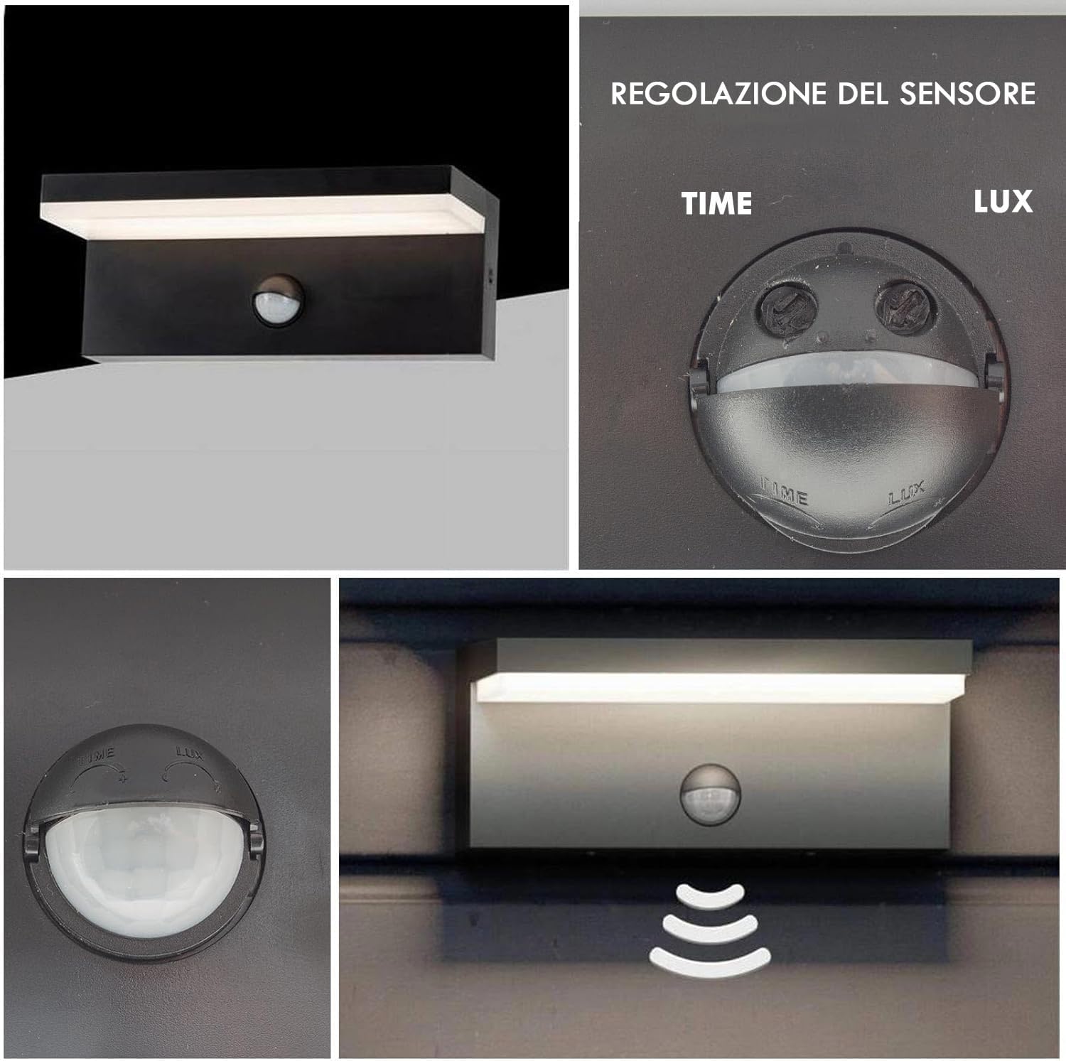 Planetitaly - Applique da Esterno LED 10W, Faretti Applique da Parete Lampada da Muro Colore Nero Design Moderno, Sensore di Movimento con Crepuscolare, Luce Resa 100W, Protezione IP54, 230V (CCT)