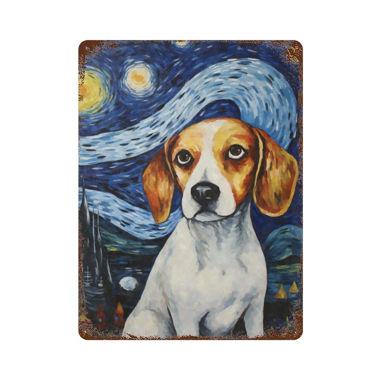 Rust Effect Beagle Dog Starry Night Rusty Metal Tin Sign 15.7"x11.8", Old School Wall Decor for Basement, Hobby Room And Garage Decor