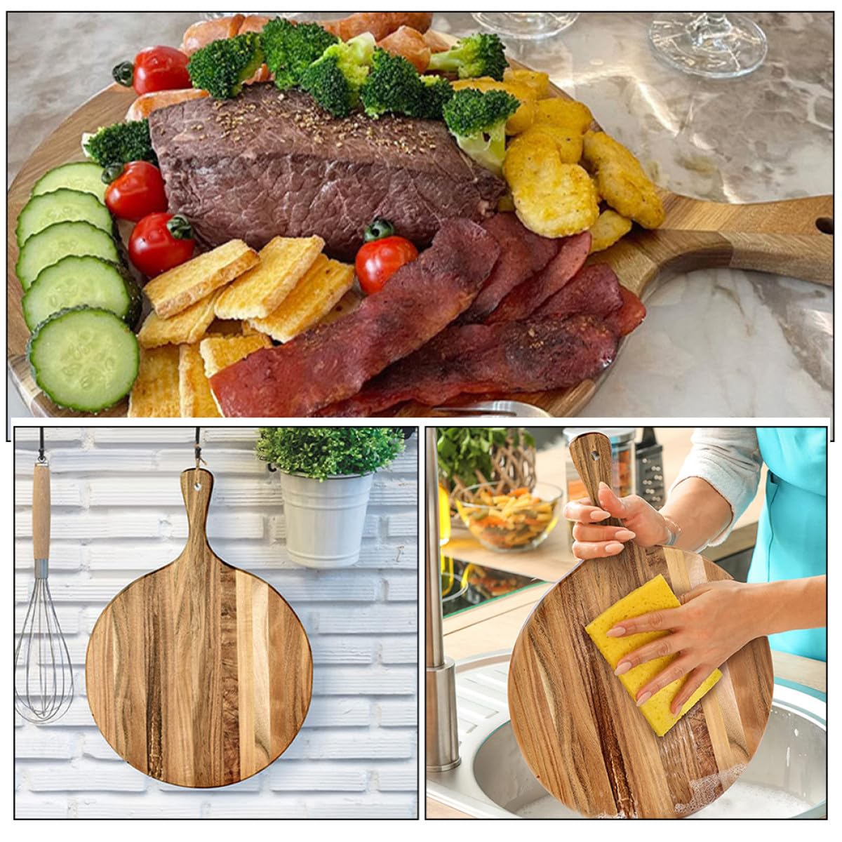 Tabla Redonda de Madera para Charcutería y Pizza, Bandeja Resistente Diseño Refinado Adecuado para Servir y Cortar en Cocina