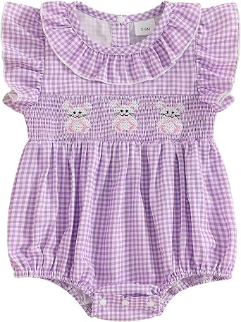 Newborn Baby Girls Summer Clothes Easter Rabbit Embroidery Plaid Ruffles Round Neck Fly Sleeve Rompers Jumpsuits