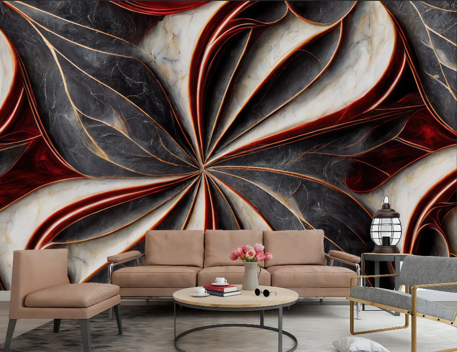 Tapeta Trójwymiarowa Złota Linia Skała Relief Streszczenie Różowy Czerwony Marmur Wzór TV Sofa Tło Tapeta Ścienna Salon Restauracja Kawiarnia Mural, 3D, 150 x 105 cm