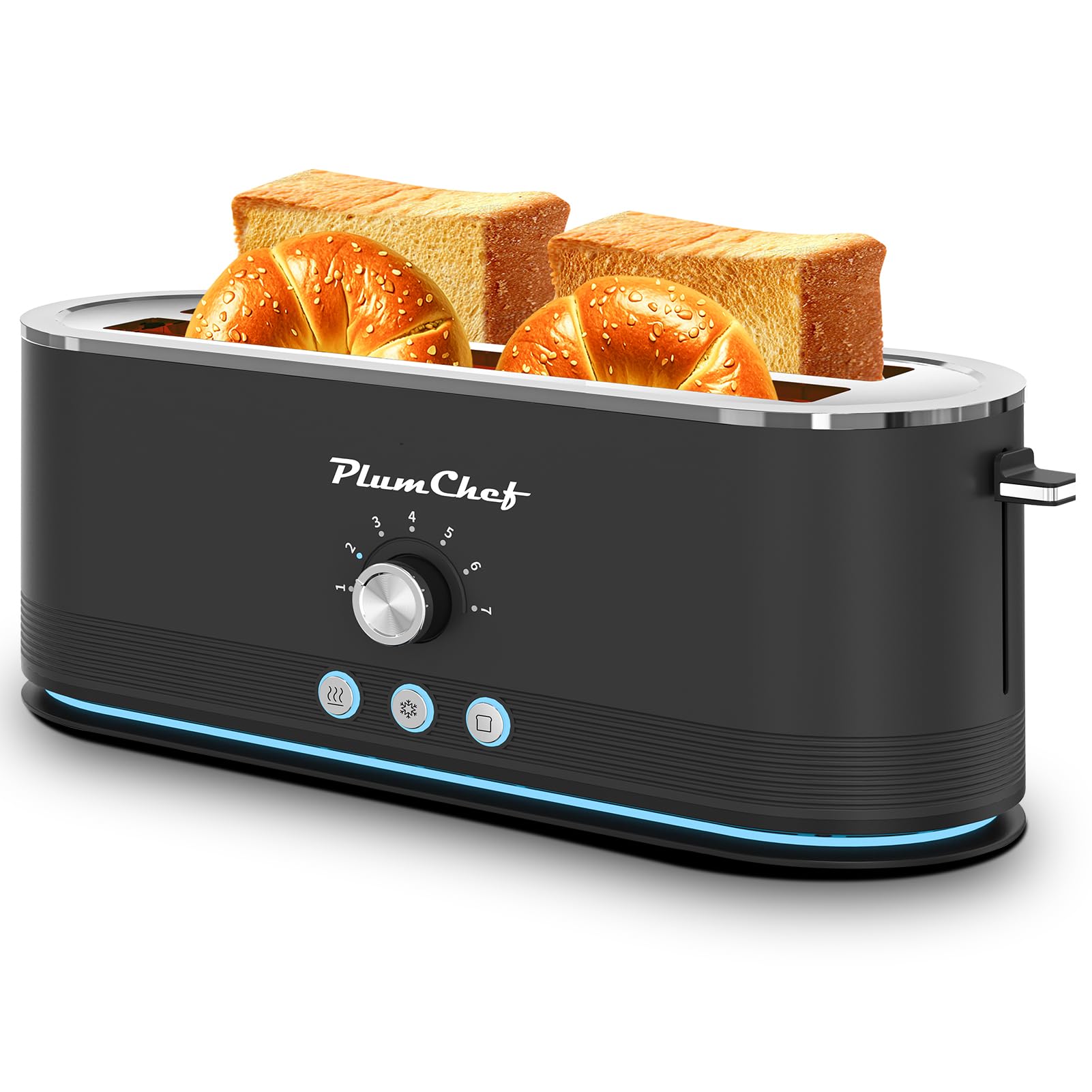 Toaster 4 Slice Wide Slot, Smart Stainless Steel Toaster, Commercial Long Slot Toasters, 7 Browning Settings, Defrost Reheat Functions, Removable Crumb Tray for Bagel Muffin Waffle (Black)
