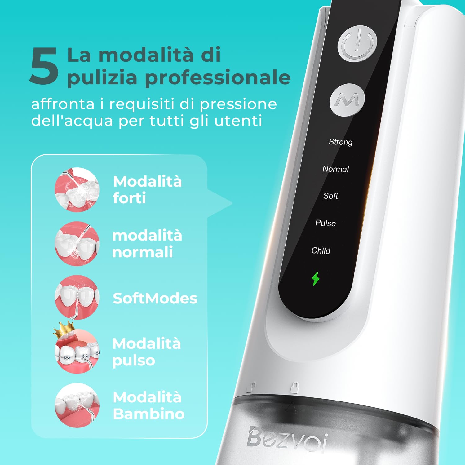 Bezvoi Idropulsore Dentale Senza Fili, Irrigatore Orale Ricaricabile IPX7, 5 Livelli di Pressione, Serbatoio 300 ml, 6 Ugelli, Pulizia Bucale per Uso Domestico e Viaggi, Bianco