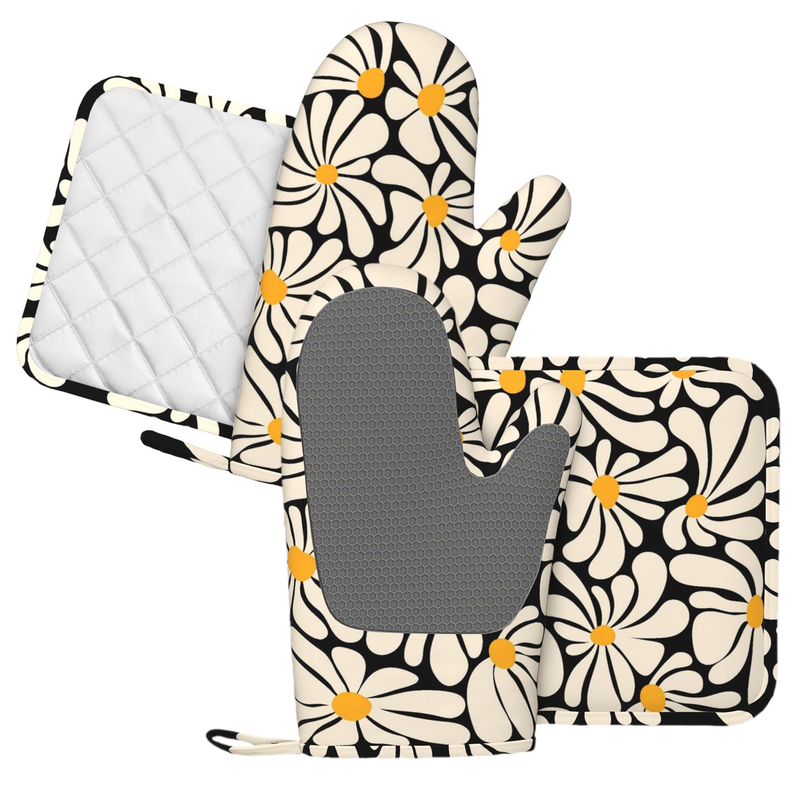 Boho Florals Lot de 4 gants de cuisine et maniques | Moufles de cuisine vintage en silicone à rayures noires et beiges pour cuisine, chef, barbecue, barbecue