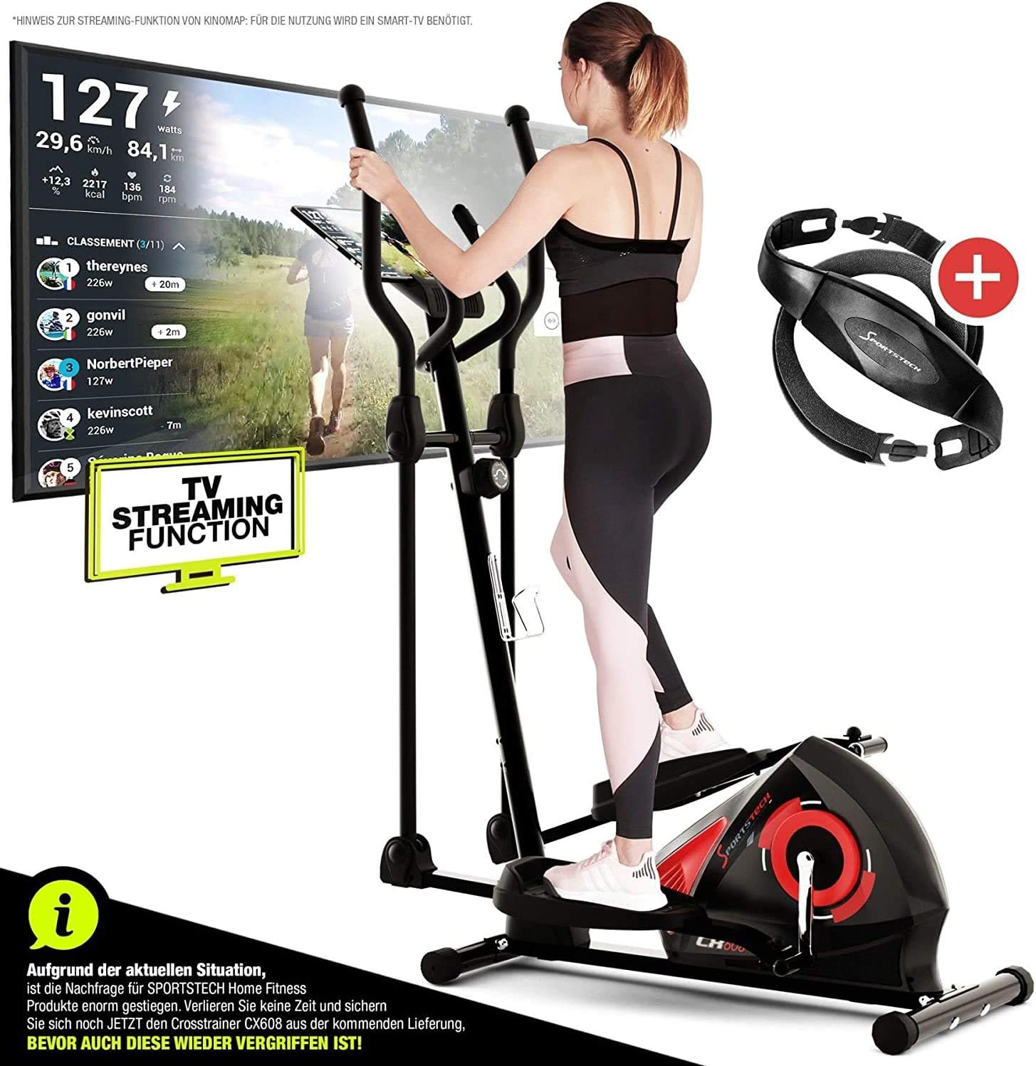 Sportstech CX608 Cross Trainer for Home | German Quality Brand | Video Events & Multiplayer App & Bluetooth Console | Elliptical with Pulse Belt for Endurance Training & Tablet Holder