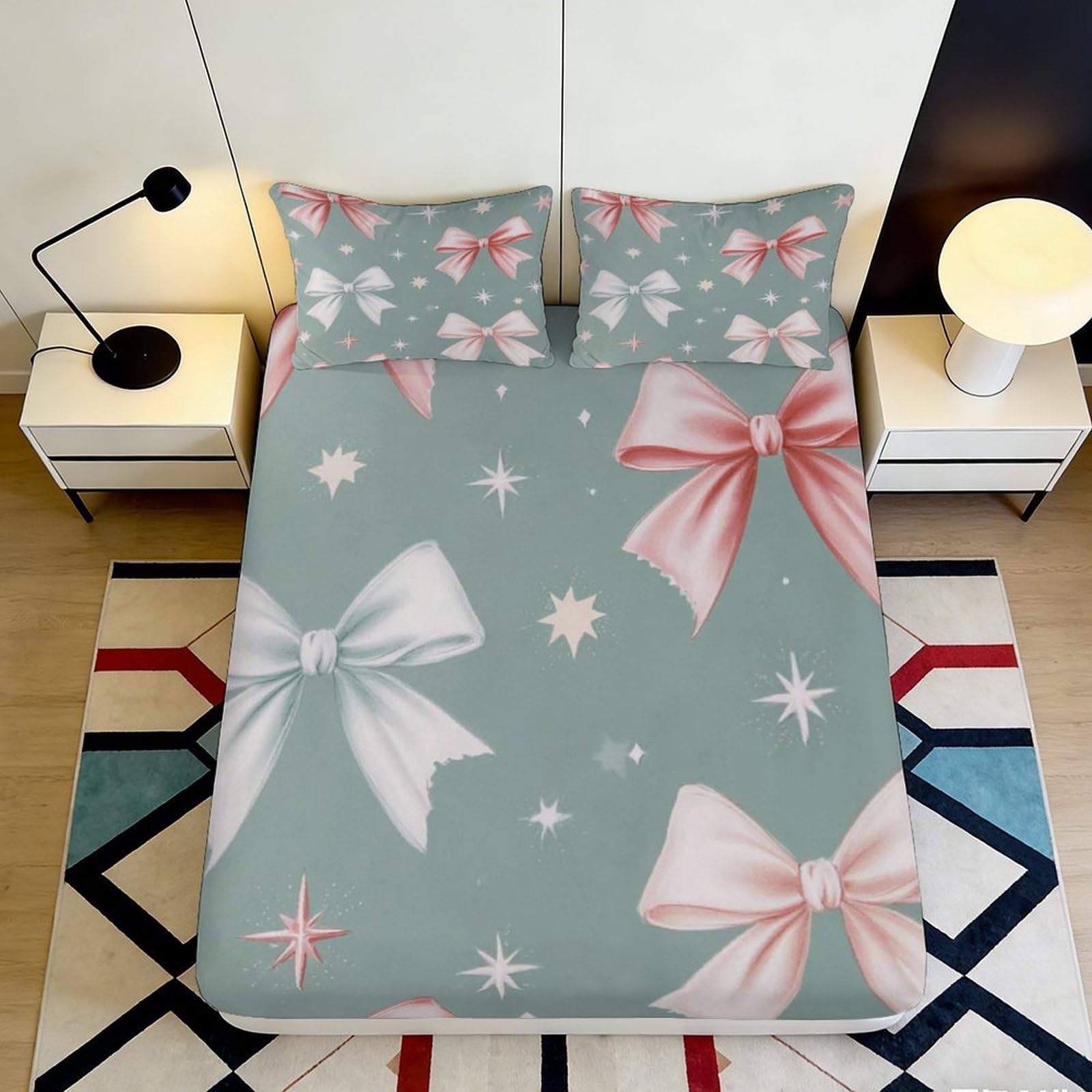 Pnayamiorkfel Style-10 3D Printed Pink Bow Star Fitted Sheet Microfiber Soft Dustproof Decorative Mattress Cover For Bedroom Guest Room 90X200x25cm