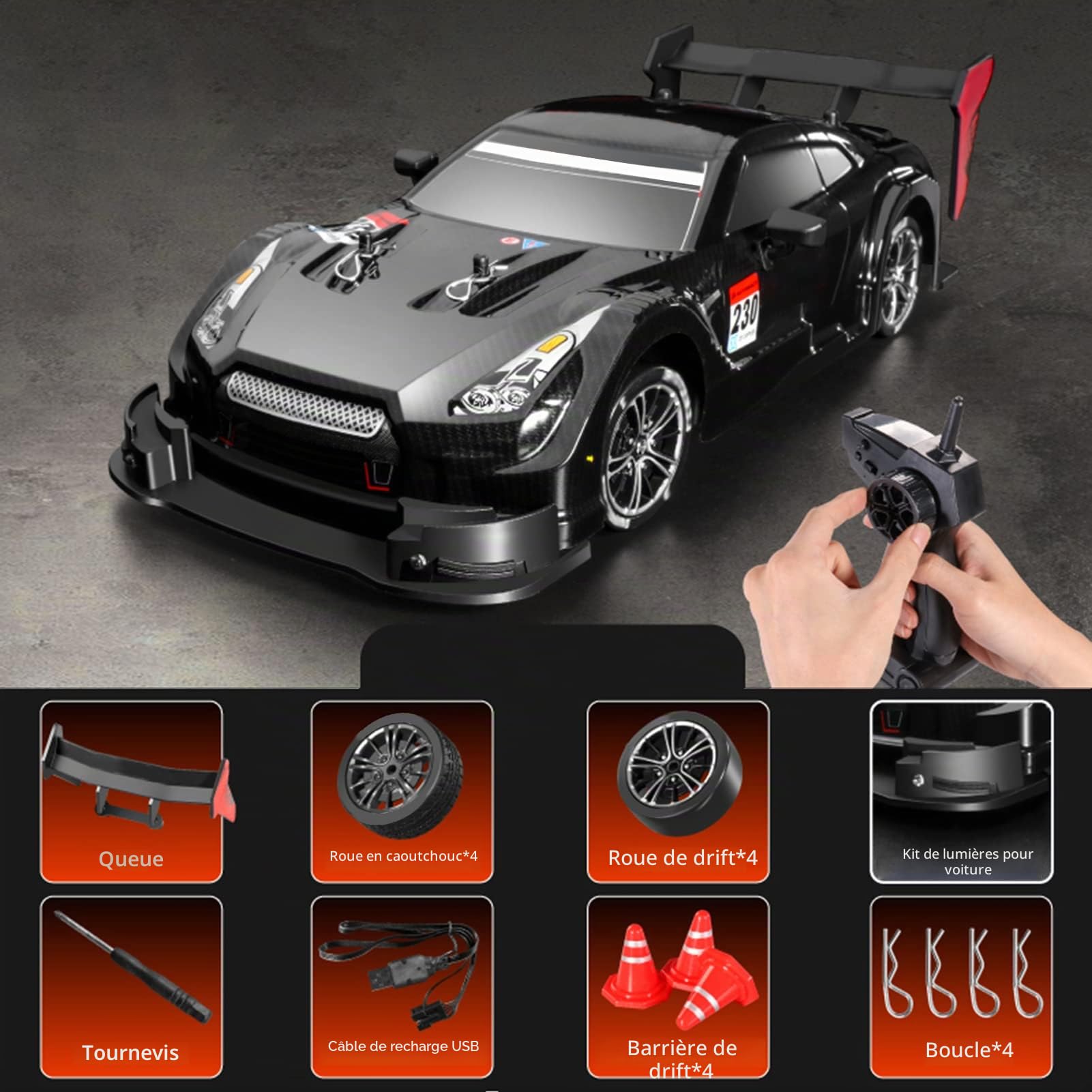 Goolsky Voiture télécommandée, RC Drift Car, 1/16 Voiture de Drift, 2,4 GHz, 4 Roues motrices, 40 km/h, RC Racing Car High Speed, RTR