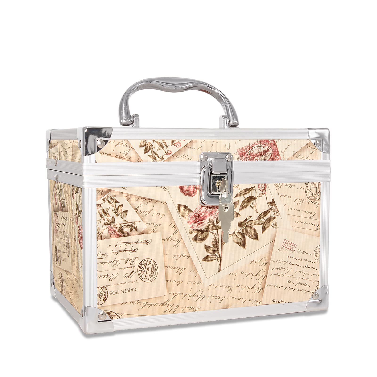 Makeup Train Case, Portable Makeup Box with Mirror, Cosmetic Storage Box for Women with Trays, Makeup Box Organizer for Vanity, Travel, Lockable& Large Capacity (Philatelic Style)