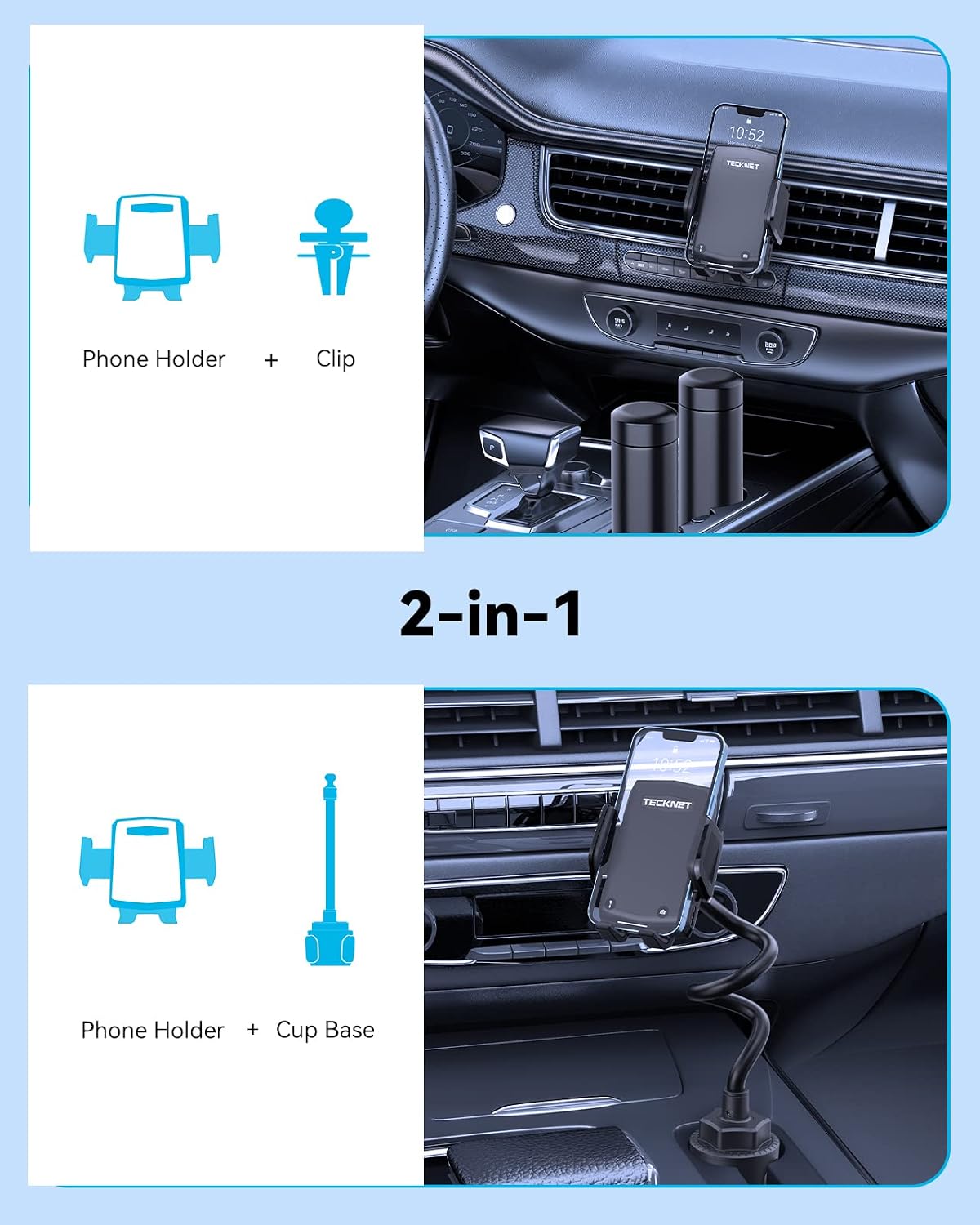 TECKNET Cup Holder Phone Mount for Car - Vent Clip with Cars, Trucks - Adjustable Gooseneck Cradles - Compatible with iPhone, Samsung, Google and Other 4''-7'' Cell Phones