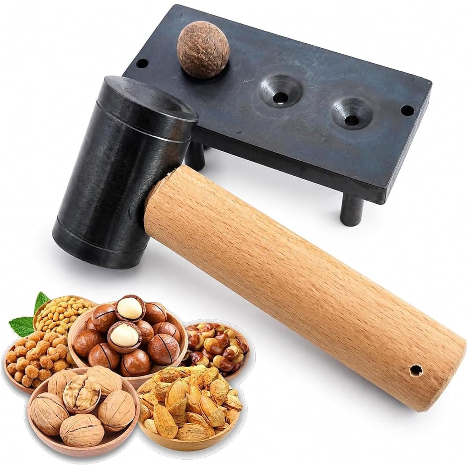Outil Casse-Noisette Noix, Châtaignes et Pécan, Base en Fer avec Marteau, Conception Manuelle et 3 Trous Coniques pour Décollement Facile