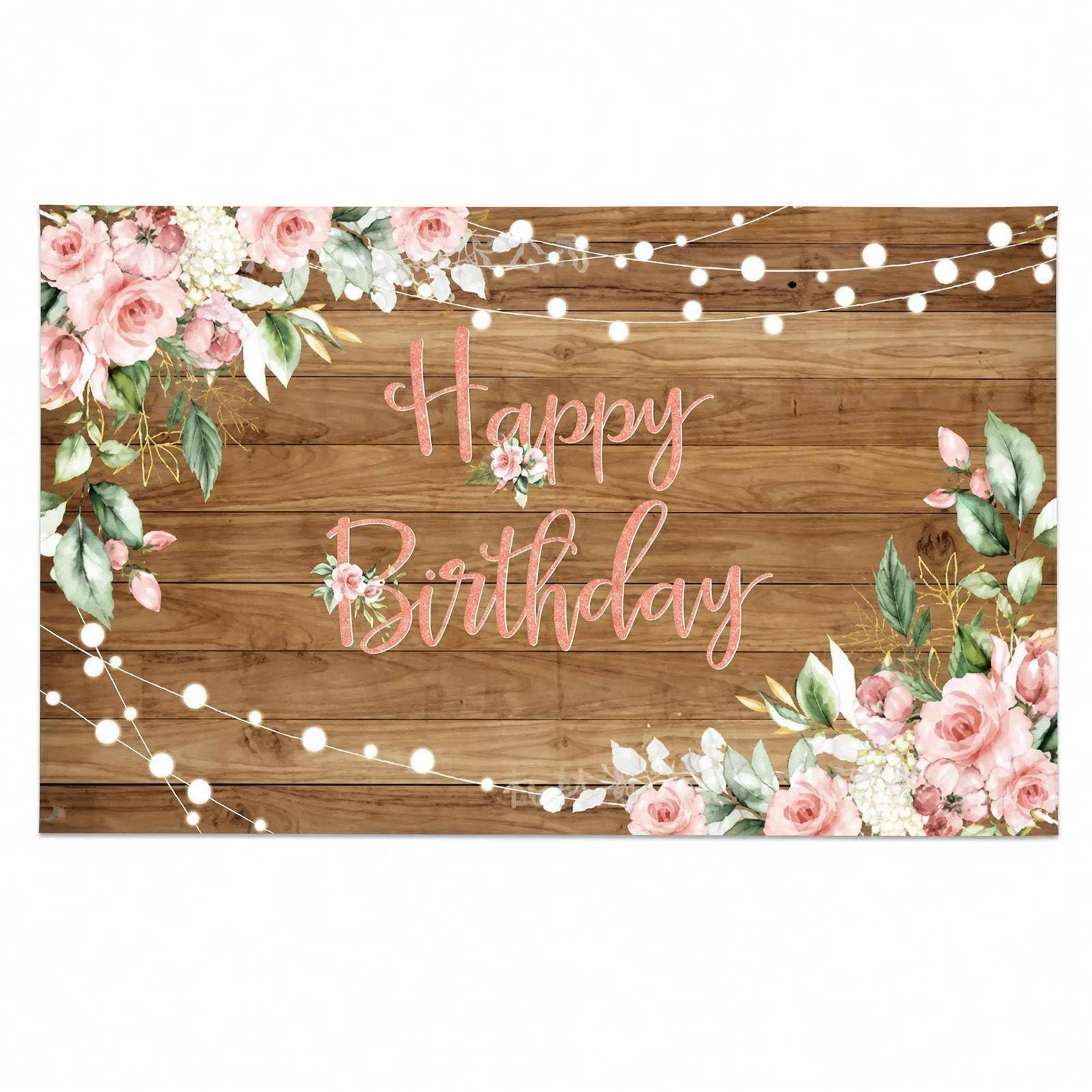 Cycayit Happy Birthday Backdrop, Pink Floral, Rose Gold Print 180 x 110cm