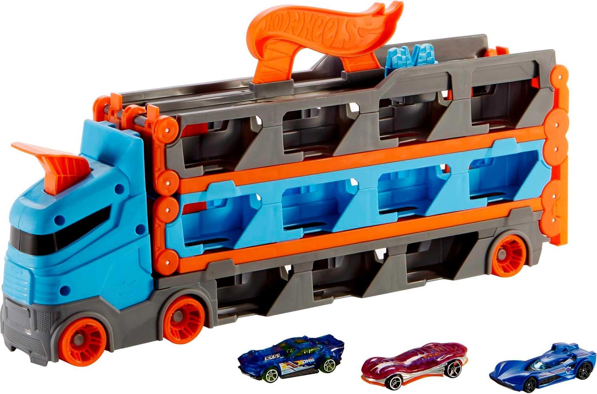 Hot Wheels 2:1 Autorennbahn zu Transporter, inkl. 3 Spielzeugautos, mit Doppelstarter, Auslösefunktion und Weiche, Platz für 20 Autos, Spielzeug ab 4 Jahre, GVG37