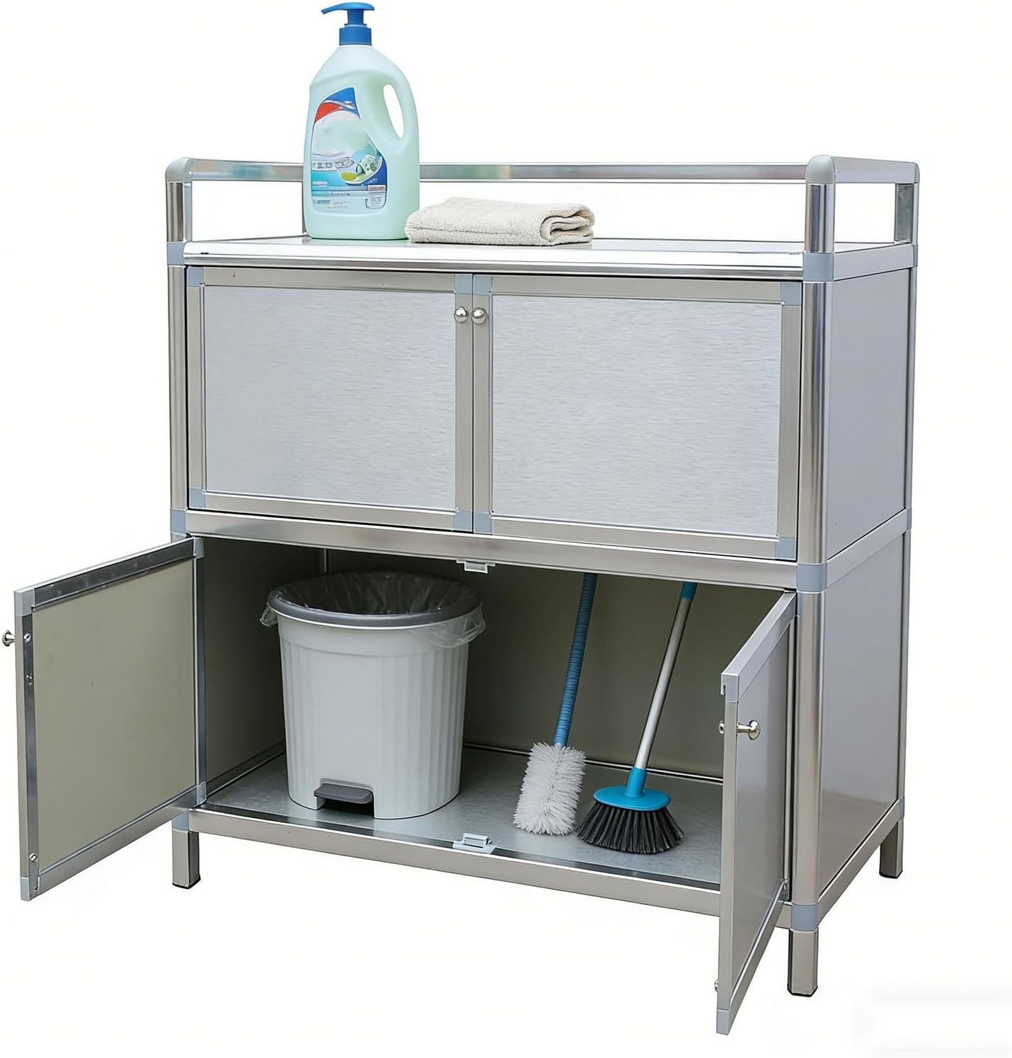 4-Door Workbench Double-Layer Storage Cabinet Worktable Home Kitchen Workstation with Three-Sided Enclosure for Restaurant Hotel and Factory Prep Areas Easy Installation(50x35x80cm)