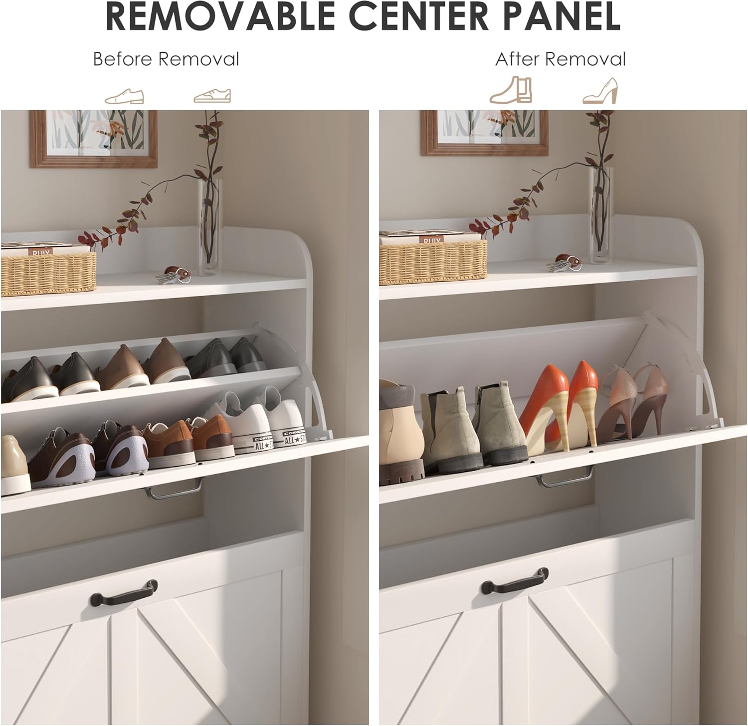 Shoe Cabinet with 4 Flip Drawers, Slim Narrow Shoe Storage Cabinet with Adjustable&Removable Shelves, Freestanding Wood Hidden Shoe Organizer for Entryway, Hallway (White)