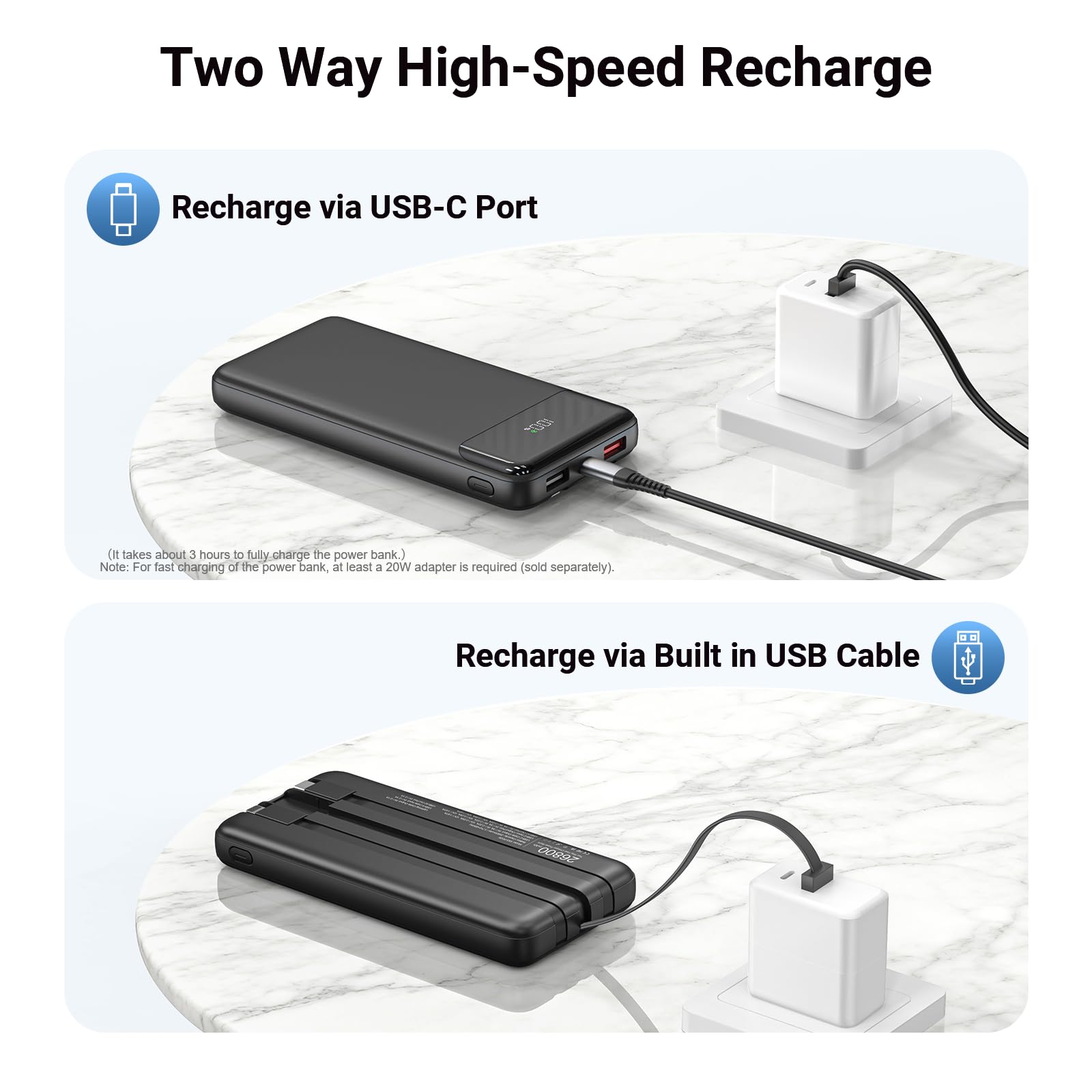 Batterie externe 20 000 mAh avec 3 câbles intégrés, charge rapide 22,5 W, chargeur portable PD 3.0 QC 3.0 USB-C entrée et sortie batteries externes de téléphone portable pour iPhone, Samsung, etc
