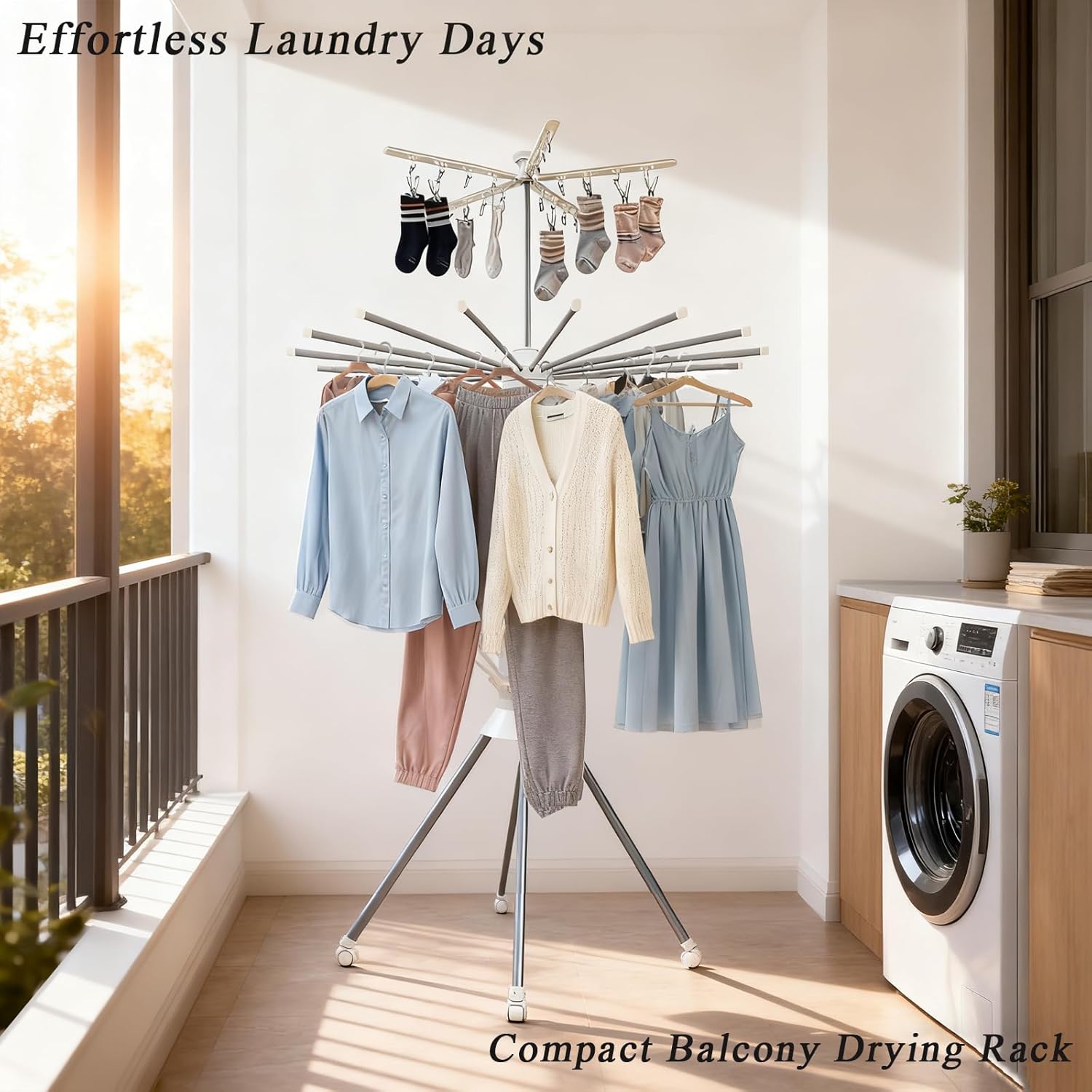 Four Legged Clothes Drying Rack Octopus Laundry Drying Rack Portable and Foldable Dry Rack with 4 Pulleys 16 Poles 360° Aluminum Garment Rack for Indoor Outdoor Courtyard(Double Layer)