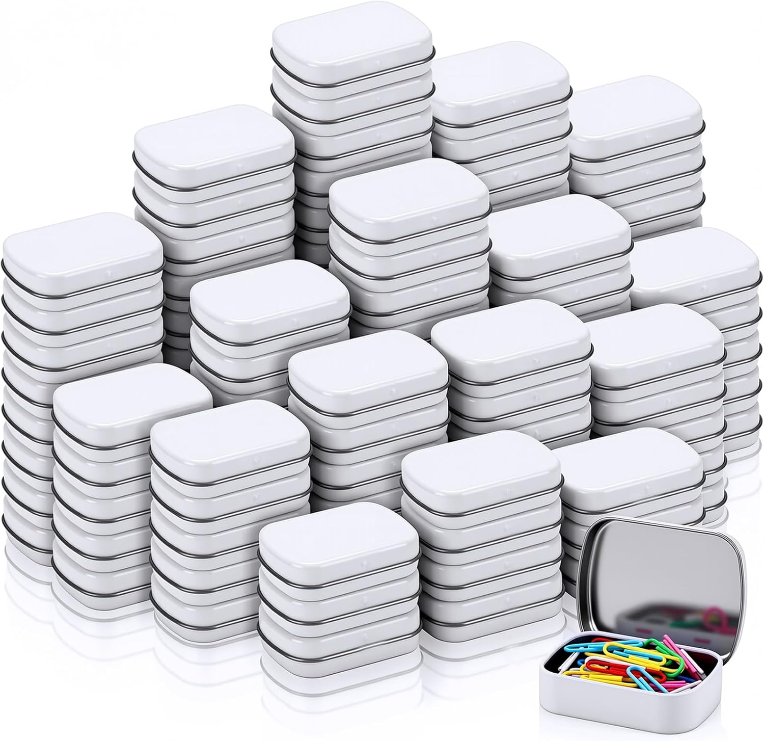 100 Pcs Metal Hinged Tin Box Rectangular Small Tin Container with Lid Mini Portable Tinplate Storage Box for Drawing Pin, Candies, Jewelry, Crafts, Button, Pill 2.4 x 1.8 x 0.6 Inch(White)