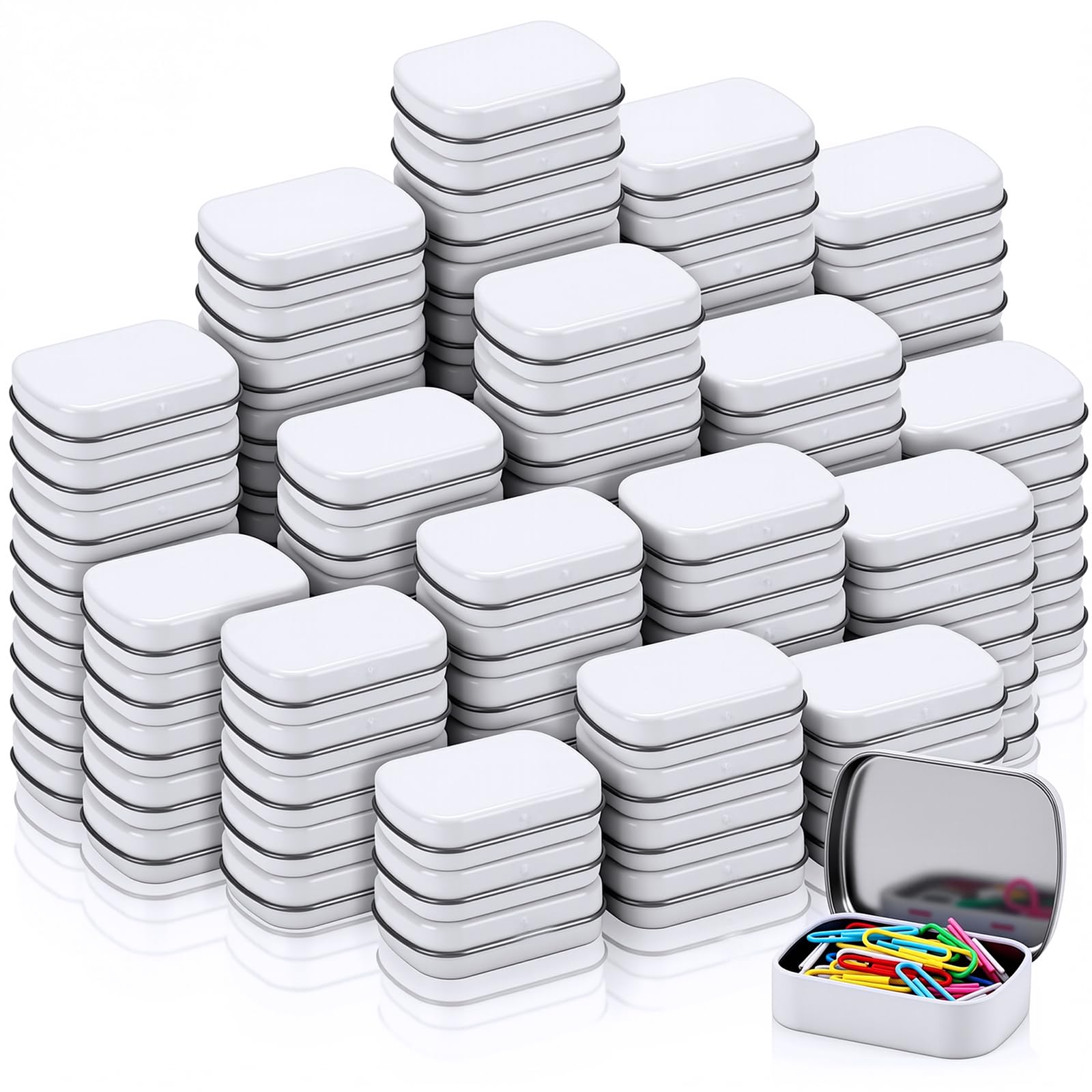 Photo 1 of Acellegic 100 Pcs Metal Hinged Tin Box Rectangular Small Tin Container with Lid Mini Portable Tinplate Storage Box for Drawing Pin, Candies, Jewelry, Crafts, Button, Pill 2.4 x 1.8 x 0.6 Inch(White)