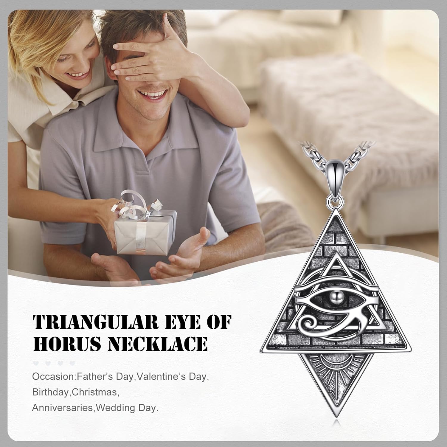 Eye of Horus Necklace Triangular Pyramid Eye of Horus Pendant Necklace S925 Ancient Egyptian Protection Jewelry Gifts for Men Stainless Steel Chain - Image 6