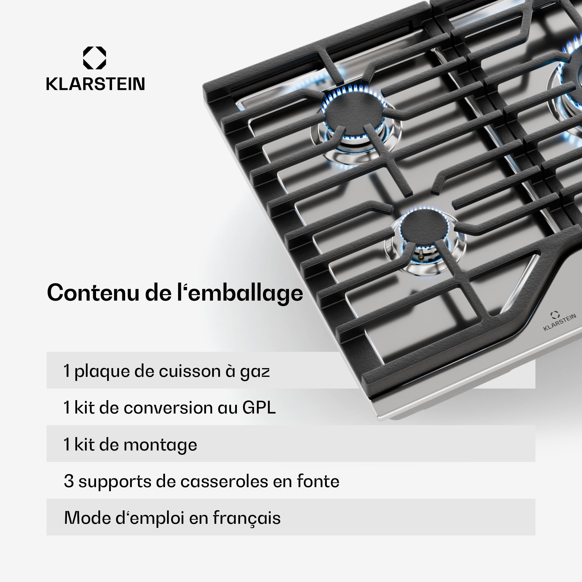 Klarstein Turbocast Plaque De Cuisson Gaz - 5 Brûleurs, Inox 304, 3.4kW Wok, Allumage Auto & Sécurité, Kit Conversion GPL, Plaque au Gaz Professionnelle