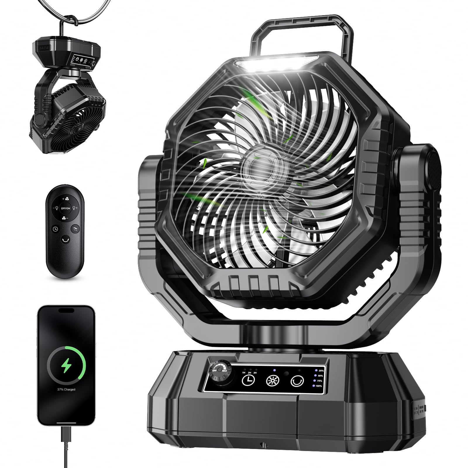 Portable Fan Rechargeable, 20000mAh Battery Powered Fan, LED Light, Remote Controller, Dual-Blade, 90°/270° Swing, 1-3H Timer, Battery Operated fan For Travel Tent Camping Bedroom Office Beach Fishing