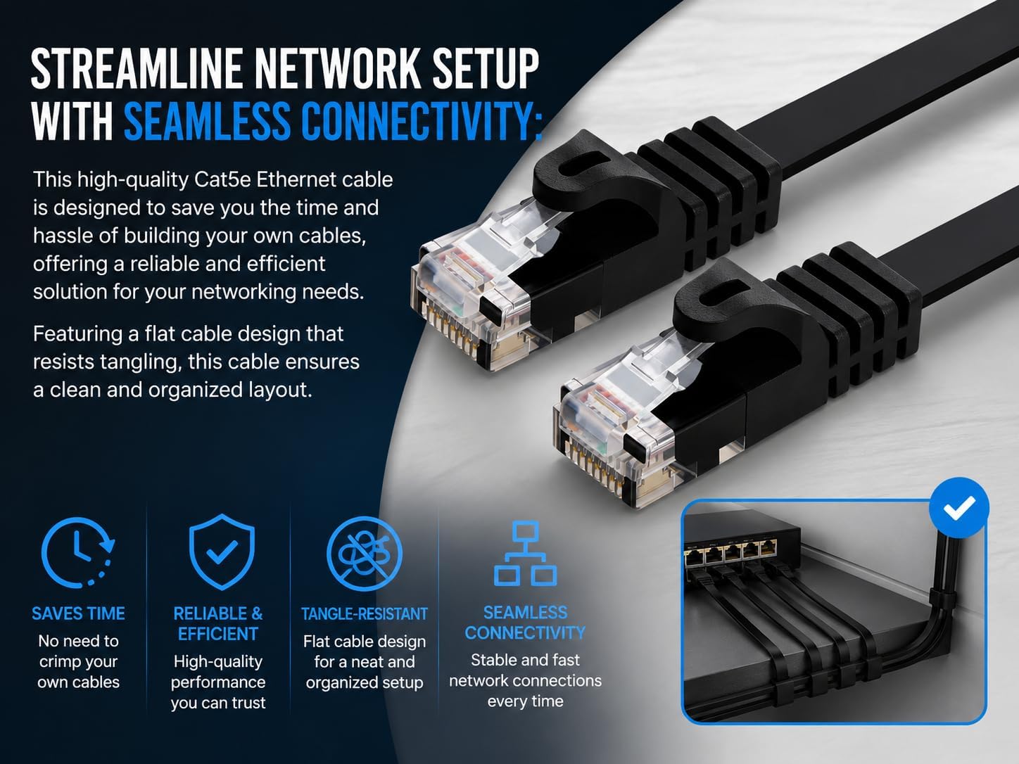 BRENDAZ Lot de 2 câbles Ethernet Cat5e de 30,5 m – Câble de raccordement réseau sans accroc, plat, 350 MHz, UTP, pour PC, serveur, routeur, modem, TV, PS5, consoles de jeux (2 pièces, 30,5 m)