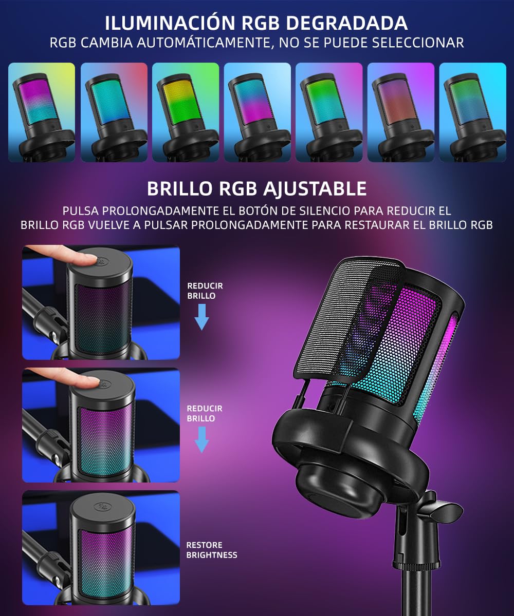 Microfono da gioco TAIMEI, microfono RGB per PC con cancellazione del rumore e silenzio, per streaming, giochi, podcast, YouTube, TikTok, computer, cellulare