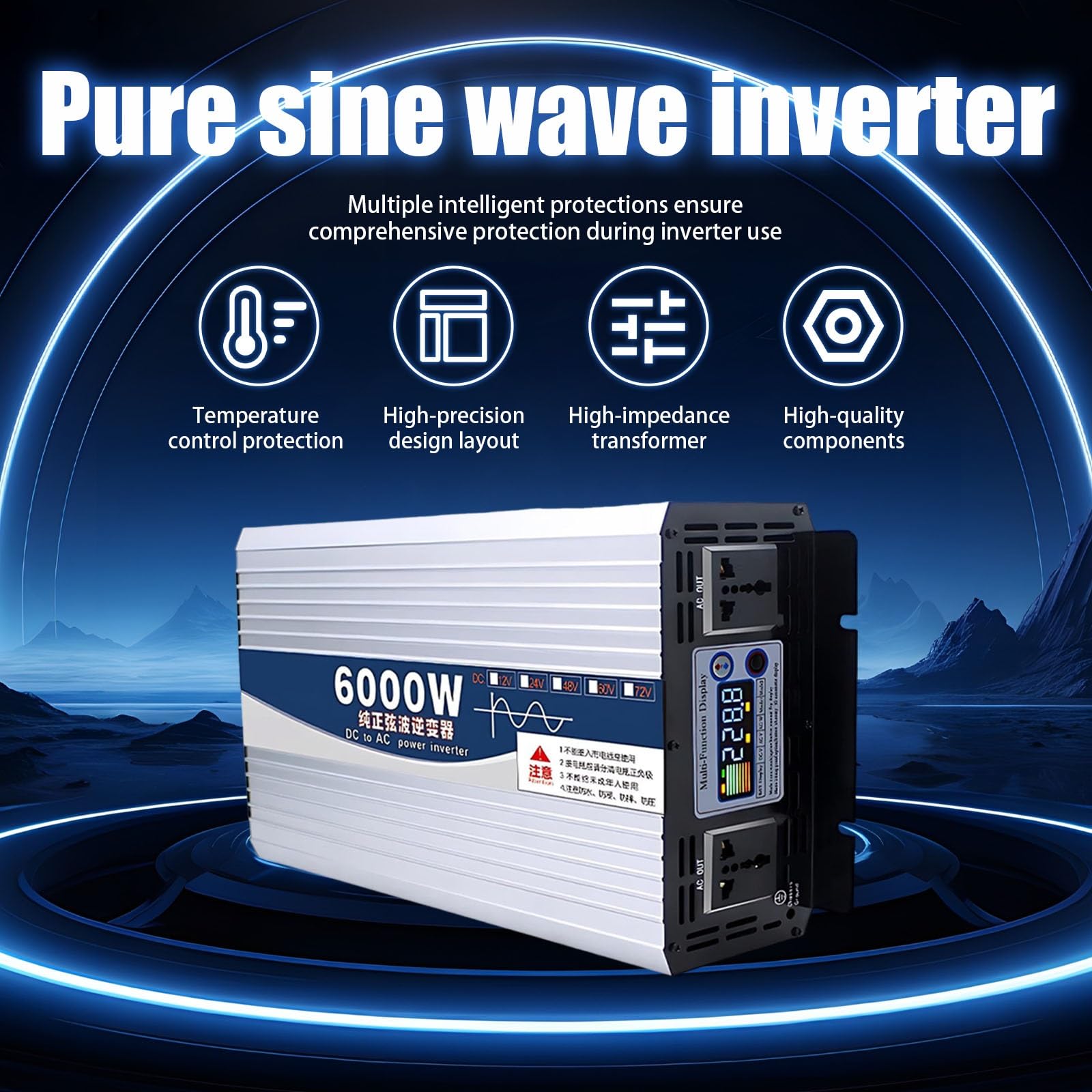 Inwerter do kampera 12V/24V/48V/60V, Inwerter mobilny 5000W/6000W/8000W, niezawodne zasilanie w podróży i w odległych lokalizacjach(5000W,24V to 110V)