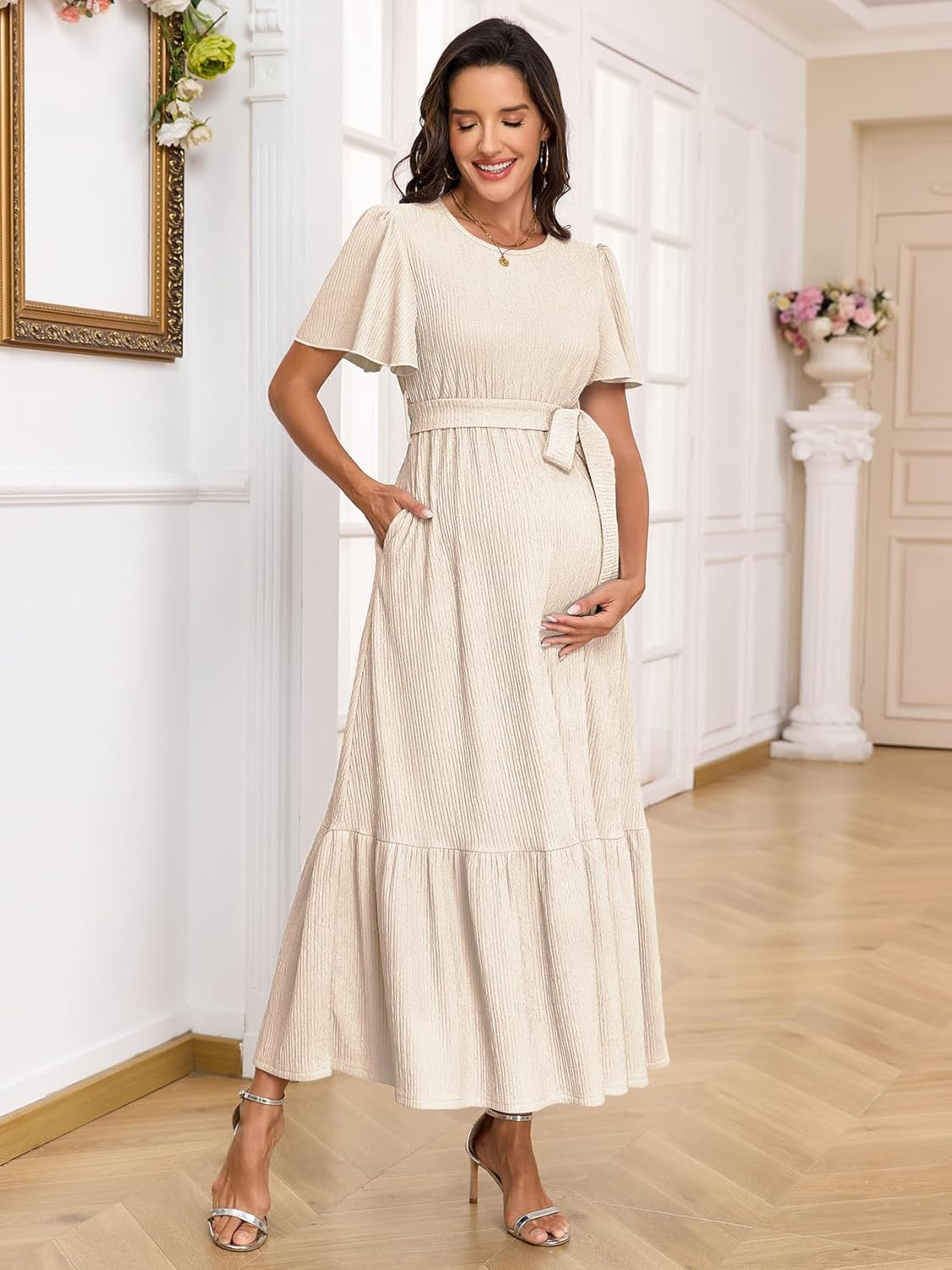 Maternity Short Sleeve Maxi Dress with Belt Crew Neck Pregnancy Tiered Ruffle Flowy Pocket Dresses Baby Shower - Image 6