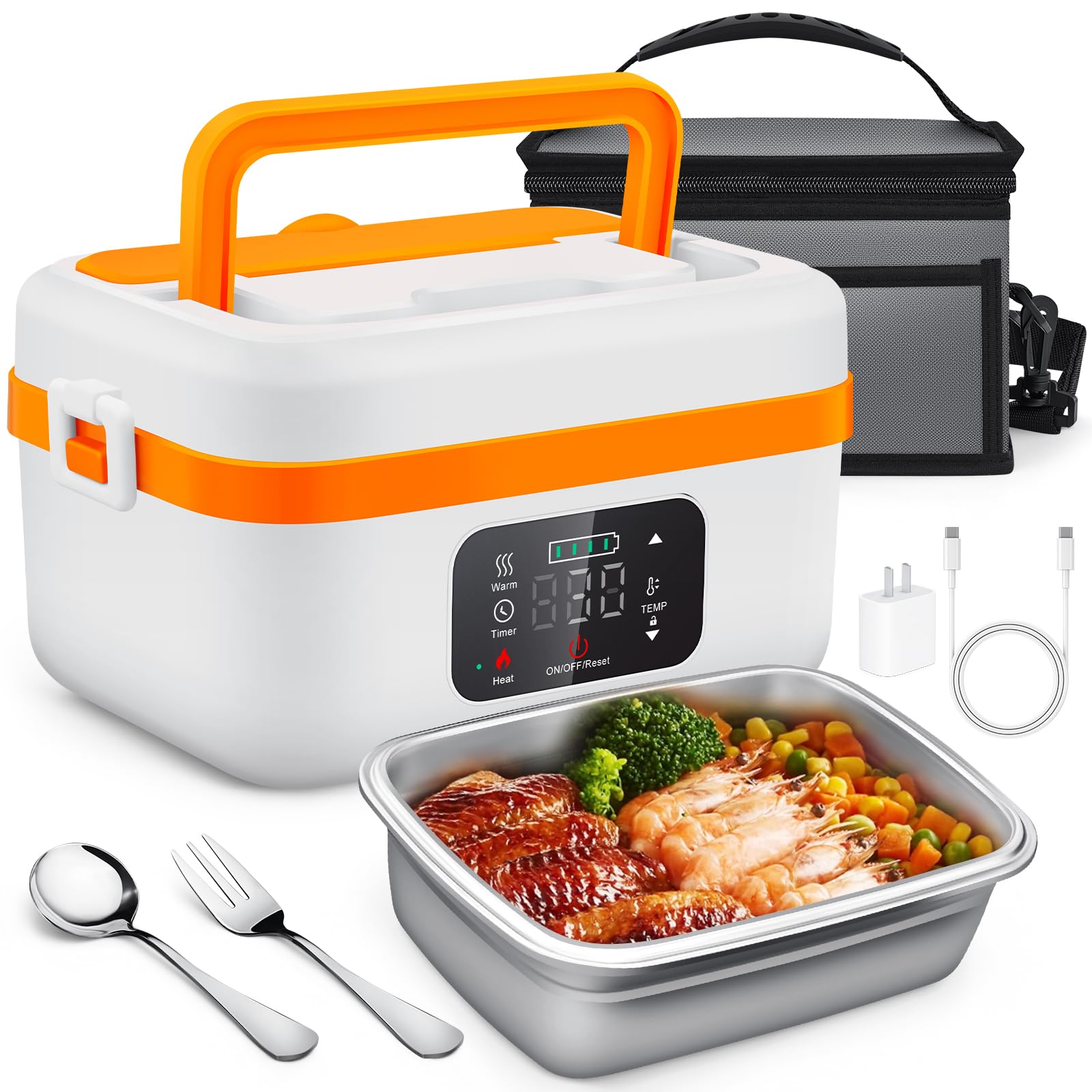 Fiambrera eléctrica inalámbrica, calentador de alimentos autocalentable, fiambreras a batería con recipiente de 1 litro, lonchera térmica recargable para hombres, mujeres, automóvil, camión