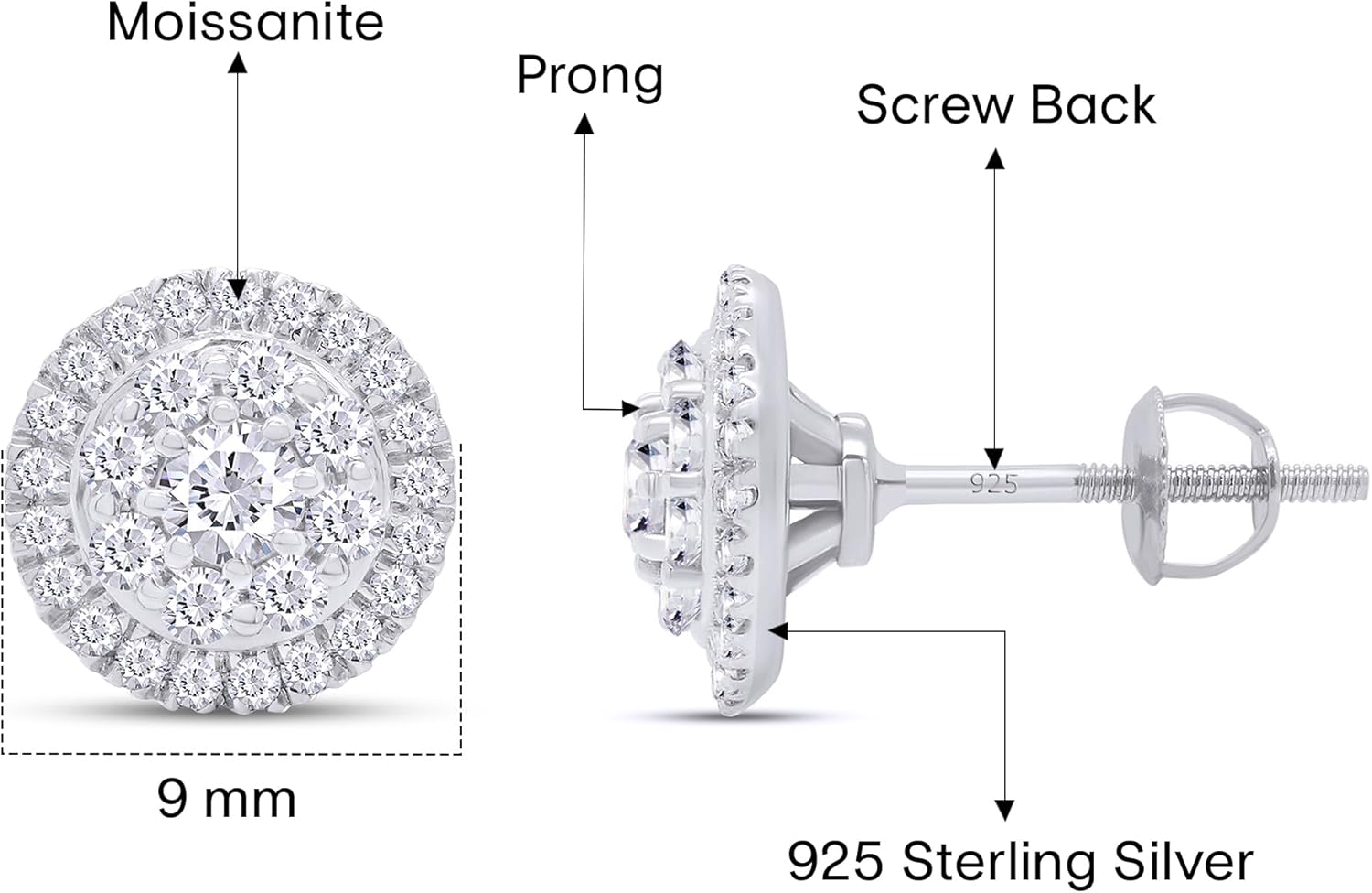 Halo Cluster Stud Earrings for Women Round Lab Created Moissanite or Lab Grown Diamond Small Ear Studs with Screw Back in 14k Gold Plated 925 Sterling Silver Jewelry Gift for Her - Image 2
