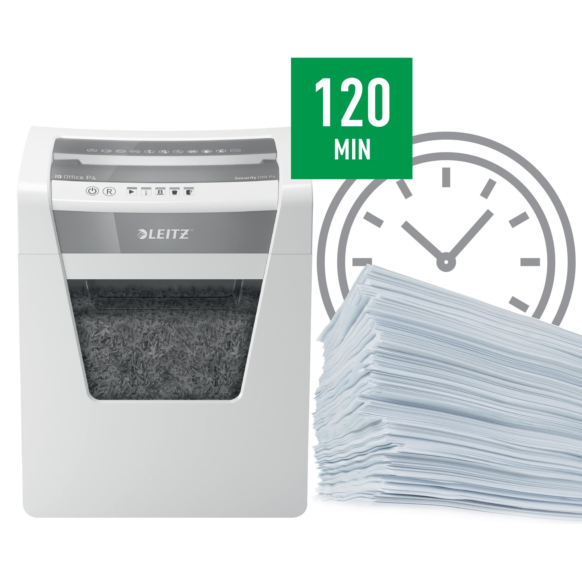Leitz, Niszczarka do Papieru Leitz IQ Office P4, Poziom Bezpieczeństwa P4, Tnie na Konfetti, Niszczy Jednocześnie do 17-15 Kartek (70-80 g/m²), Pojemnik na ścinki 23 L, Biała, 80031000