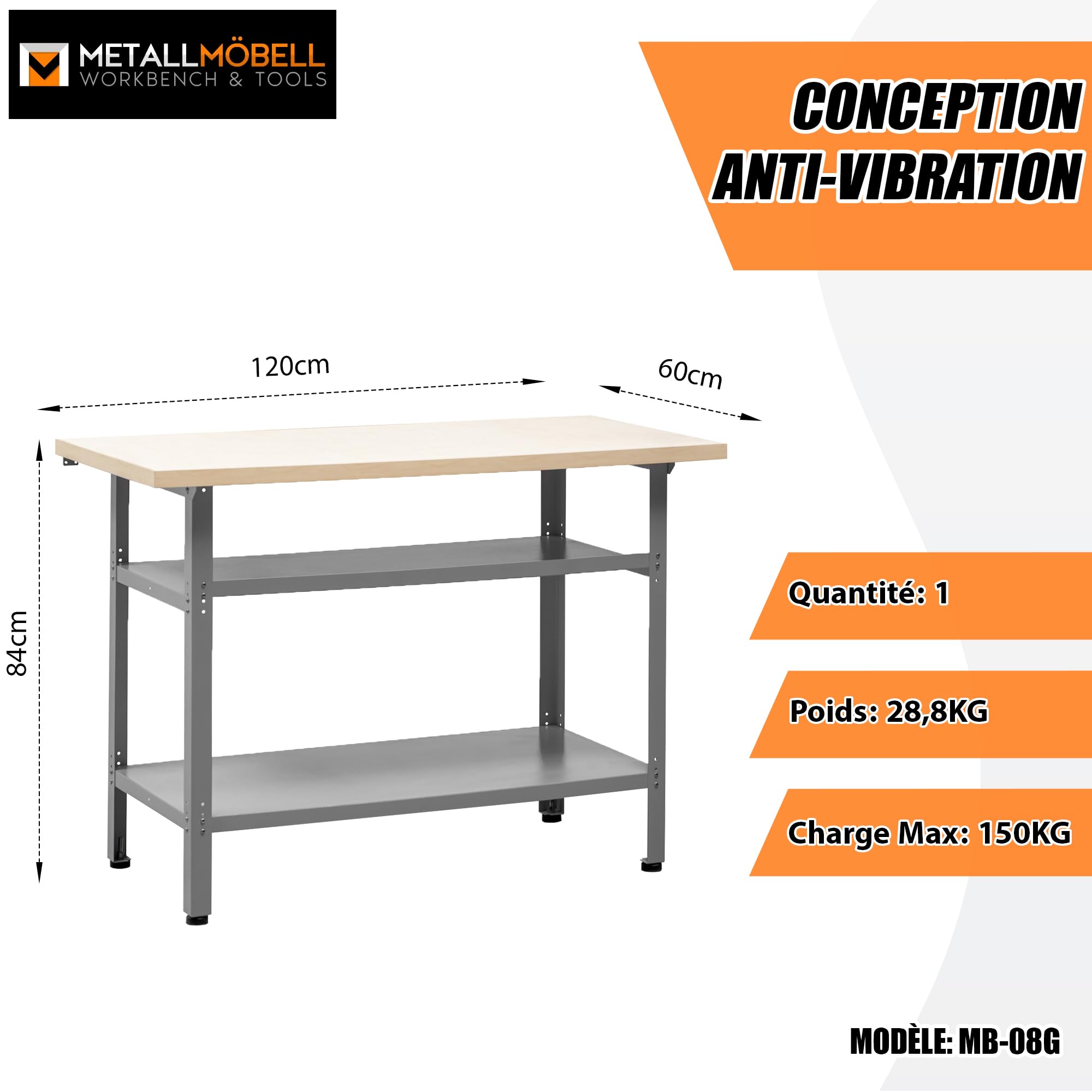METALLMOBELL - Etabli Atelier Garage | 120x60x84cm, avec Étagères et Pieds Réglables | Table de Travail Bricolage, Établi Atelier, Meuble Garage - MB008G-N