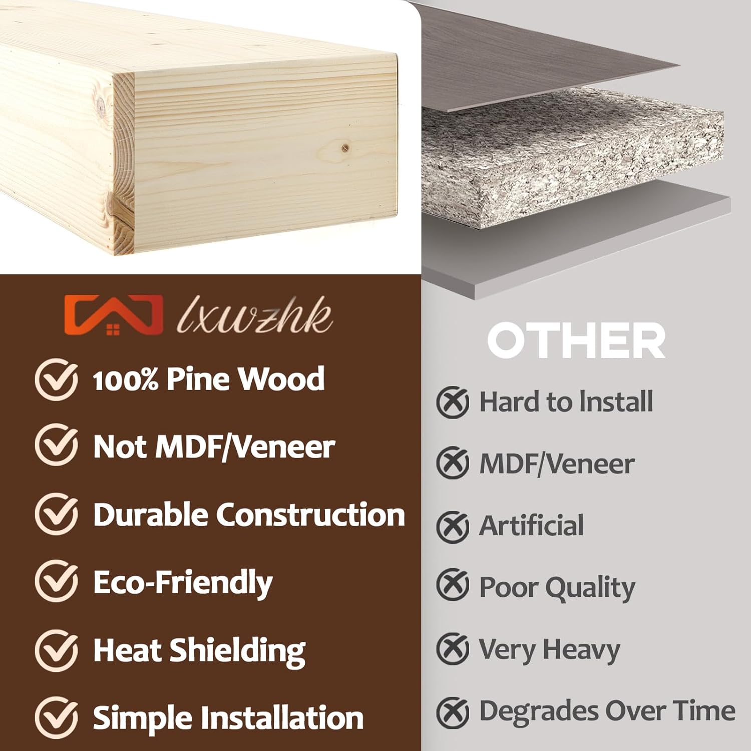 Fireplace Mantel Shelf, 48" Wooden Floating Shelf for Over Fireplace, Wall-Mounted Mantel Shelves, Decorative Mantels, Rustic Floating Mantels Shelves, Natural Wood