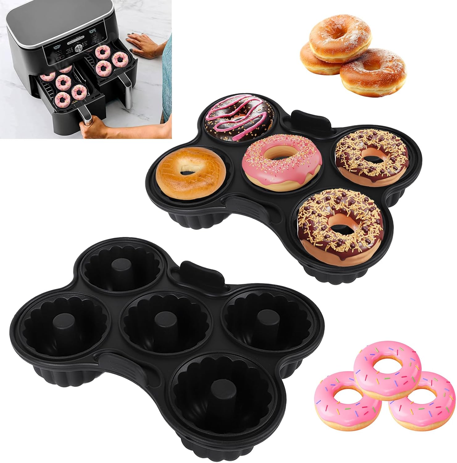 2 Pcs Silicone Donut Pan for Baking, Nonstick 5 Cavity Doughnut Baking Pans for Ninja 8QT-10QT Air Fryer, Make Perfect Bagels and Cake Donuts, Black