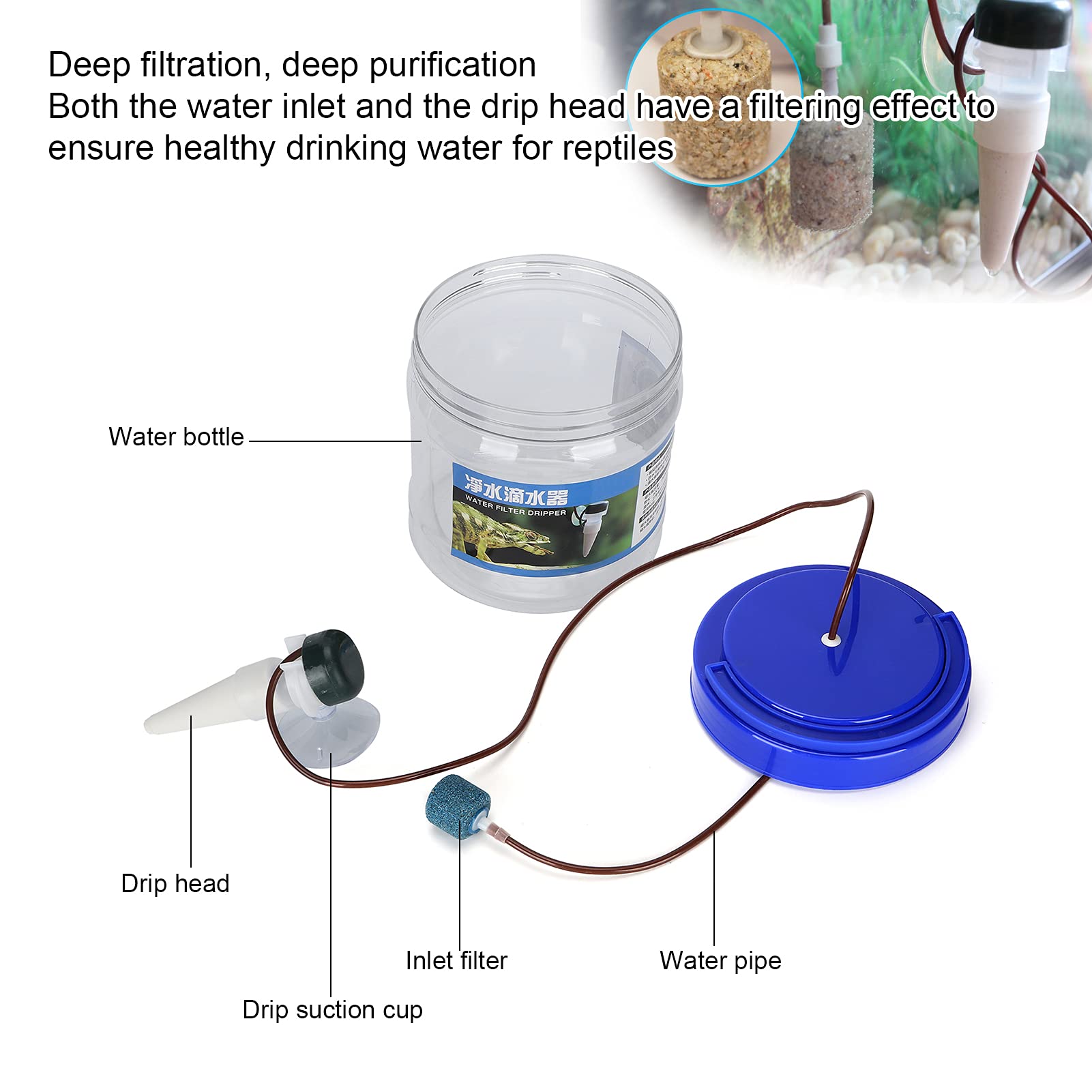 Pssopp Reptile Water Dripper Kit, 1300ML Drinking Feeder with Filtering System, Water Storage Bottle for Geckos Lizards - Image 4