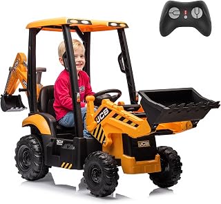 12V JCB Ride On Excavator, Ride on Toys for Kids 4-8, Electric Car for Kids with Tractor, Bulldozer, Digging Arm, Backhoe Loder with Slow Start/Stop, Adjustable Speeds (Excavator, Yellow with Roof)
