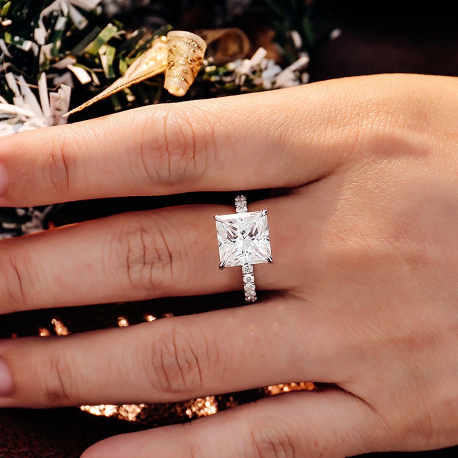 Pierścionek damski z białego złota próby 585, pierścionek zaręczynowy, pierścionek ślubny, grawerunek z moissanite 3 ct kolor D VVS1, elegancki, złoty, 14 K, dla kobiet, rozmiar 48 (15,3)