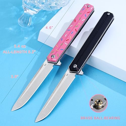 Miniatura 4 de MADSMAUG Cuchillo de bolsillo, cuchillo plegable de acero D2 de 3.5 pulgadas con rodamiento de bolas y mango G10, cuchillo EDC genial para mujeres,