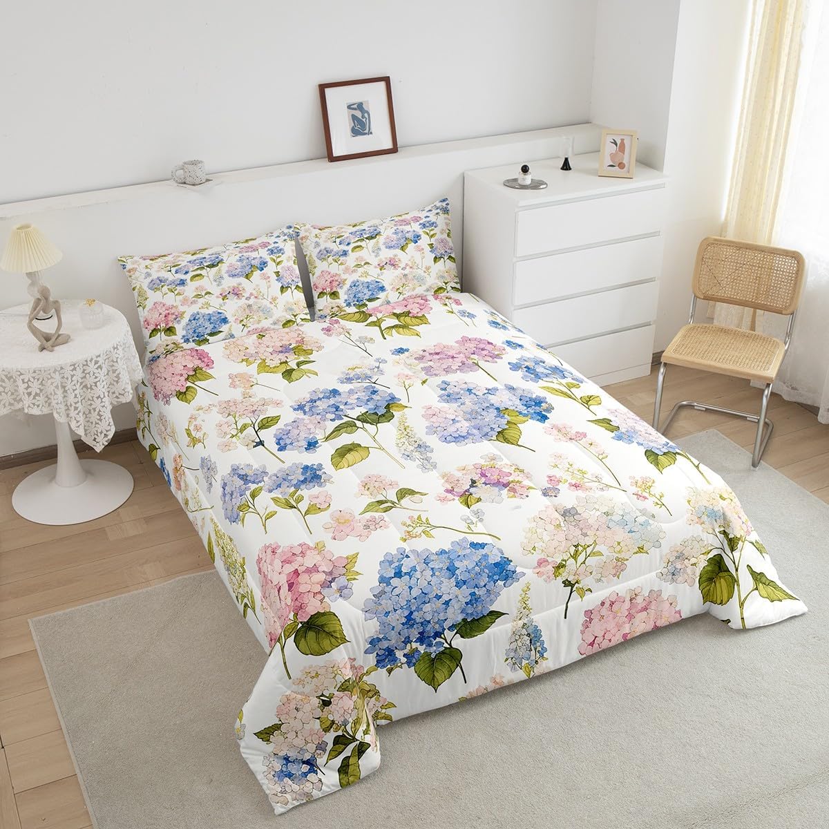 Feelyou Hydrangea Comforter Set Queen Size Kids Hydrangea Floral Comforter for Boys Teens Garden Flowers Bedding Set Natural Theme Pink Blue Duvet Set Room Decor Quilt Set